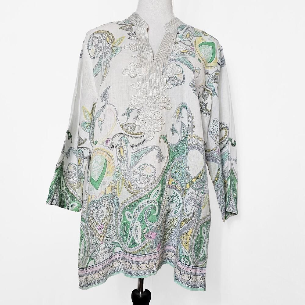 Charter Club Large Linen White Paisley Tunic Top Summer Vacation Classic